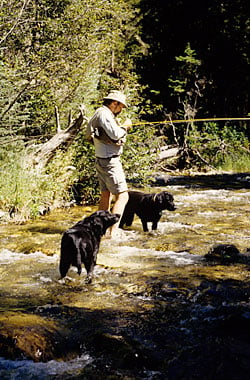The author fishing with his dogs.