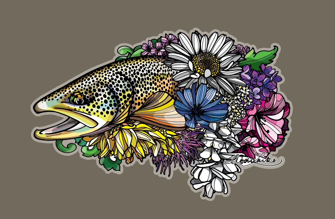 Andrea Larko Brown Trout Zentangle - Fly Slaps Fly Fishing Stickers and  Decals