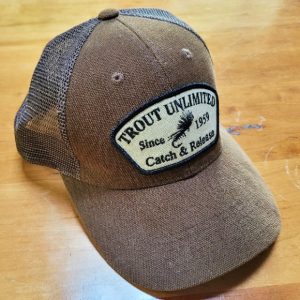 A brown Trout Unlimited baseball cap with a"catch and release" patch