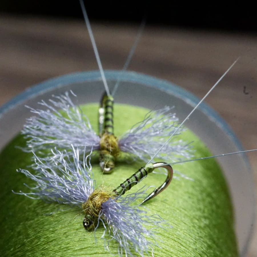 Two size 18 Blue-Wing Olive Spinner flies on a spool of green tying thread